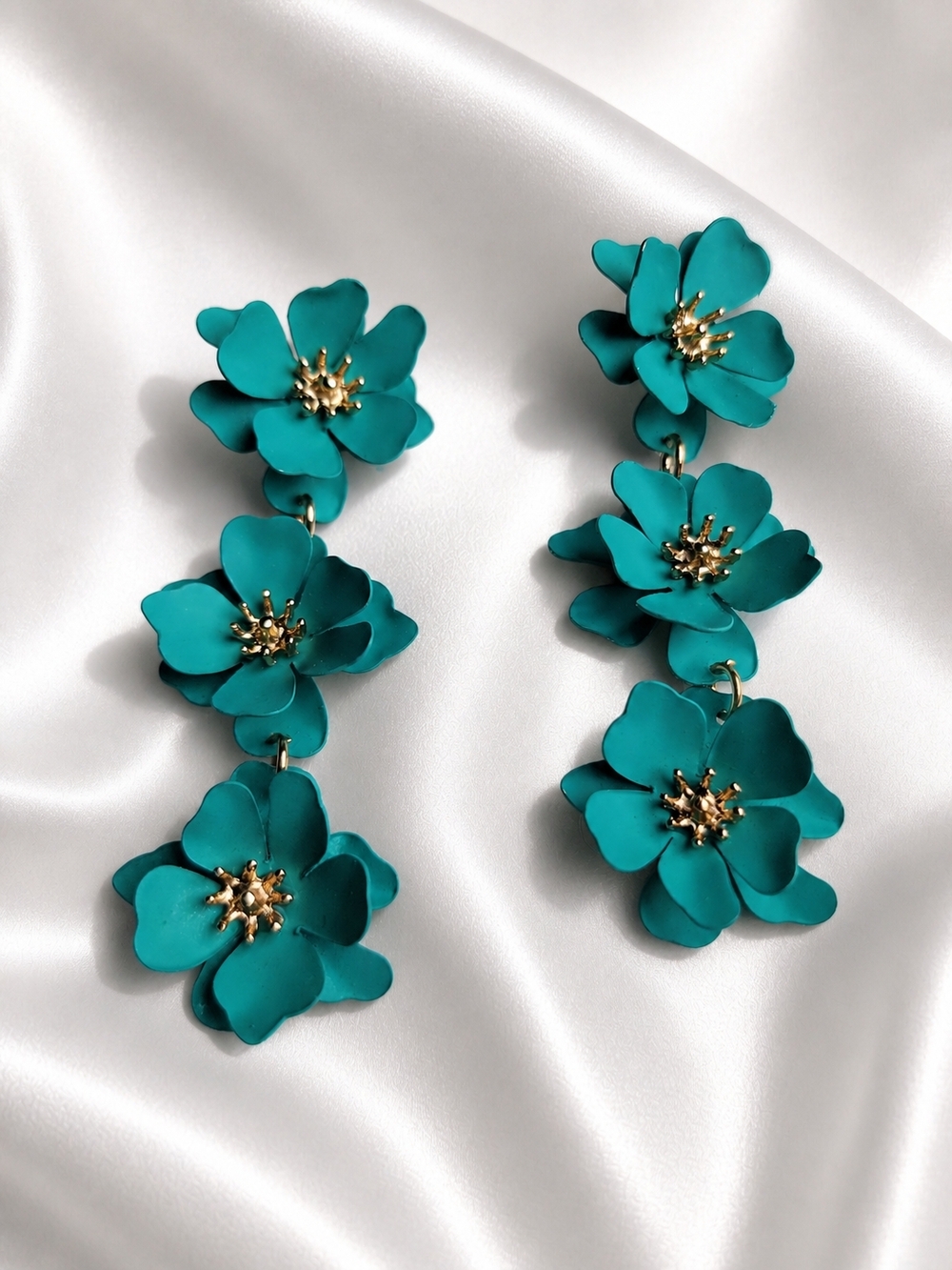 Teal Floral Drop Earrings with Gold Centers